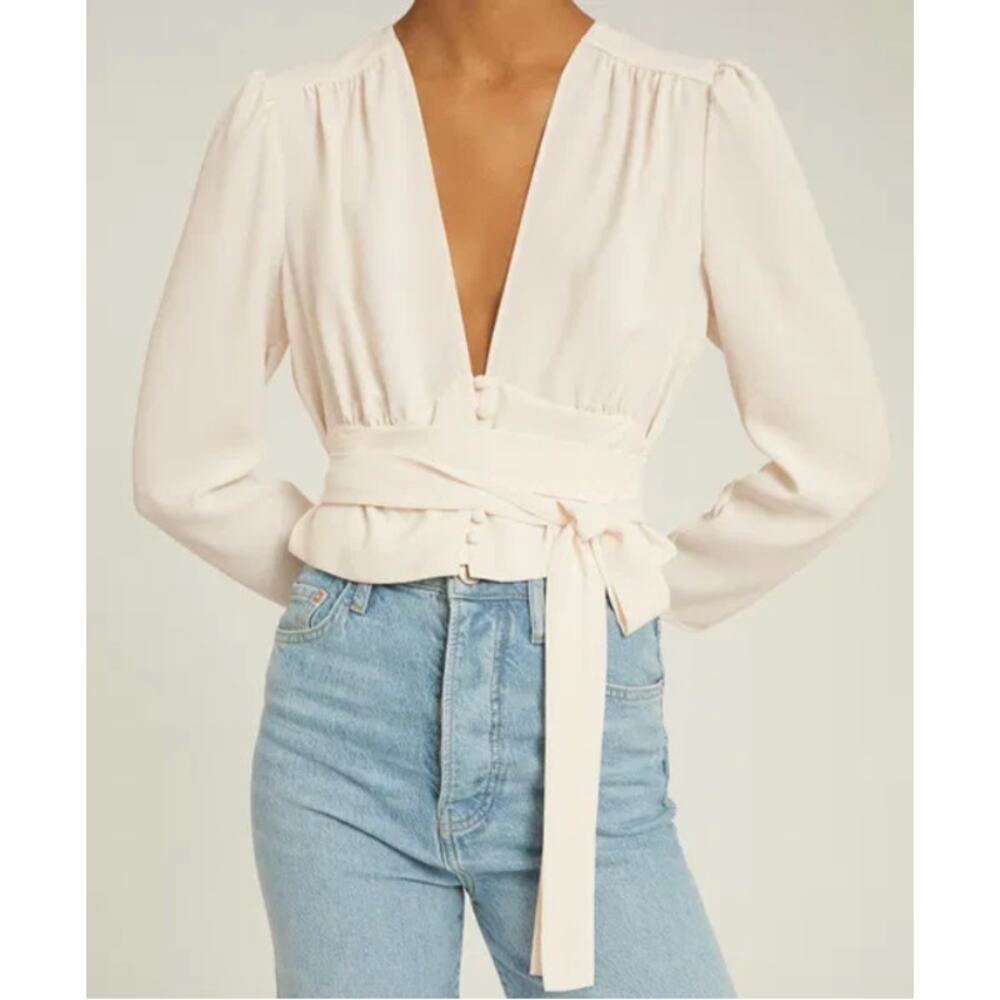 Reiss Plunge Deep V-neck Buttons Tie Wrap Beige Blouse Coquette Lingerie (size 2